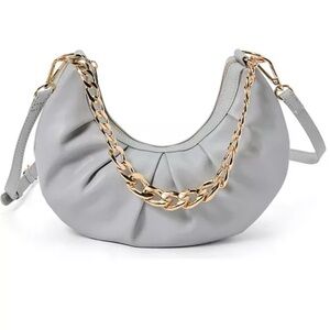 LIKE DREAMS Womens Purse Grey Ruffled Shoulder Bag Gold Chain Strap scandi girl
